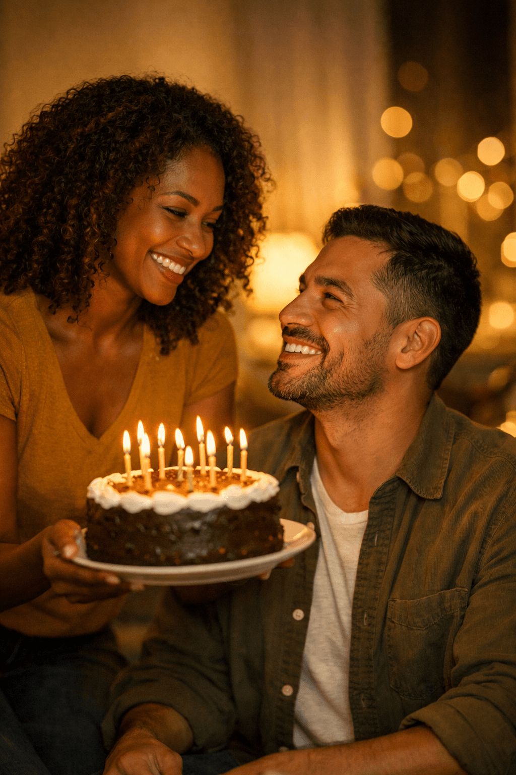Couple celebrating a birthday with a cake